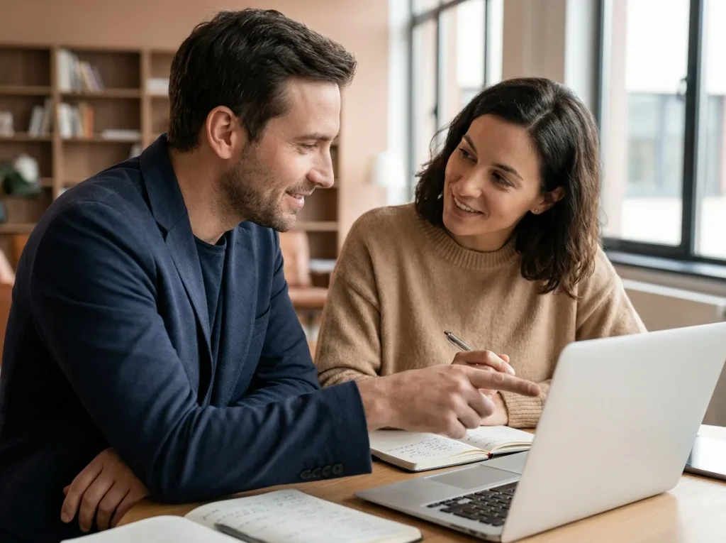 Two colleagues collaborating over a laptop and notes