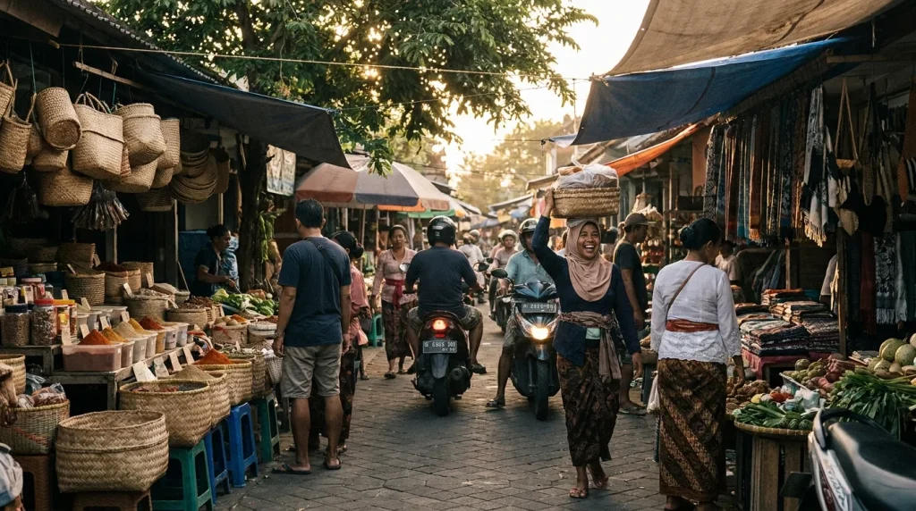 Lively local business and market street scene in Bali, Indonesia