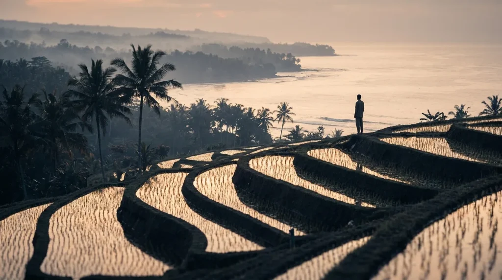 Wide landscape view of Bali, Indonesia at golden hour