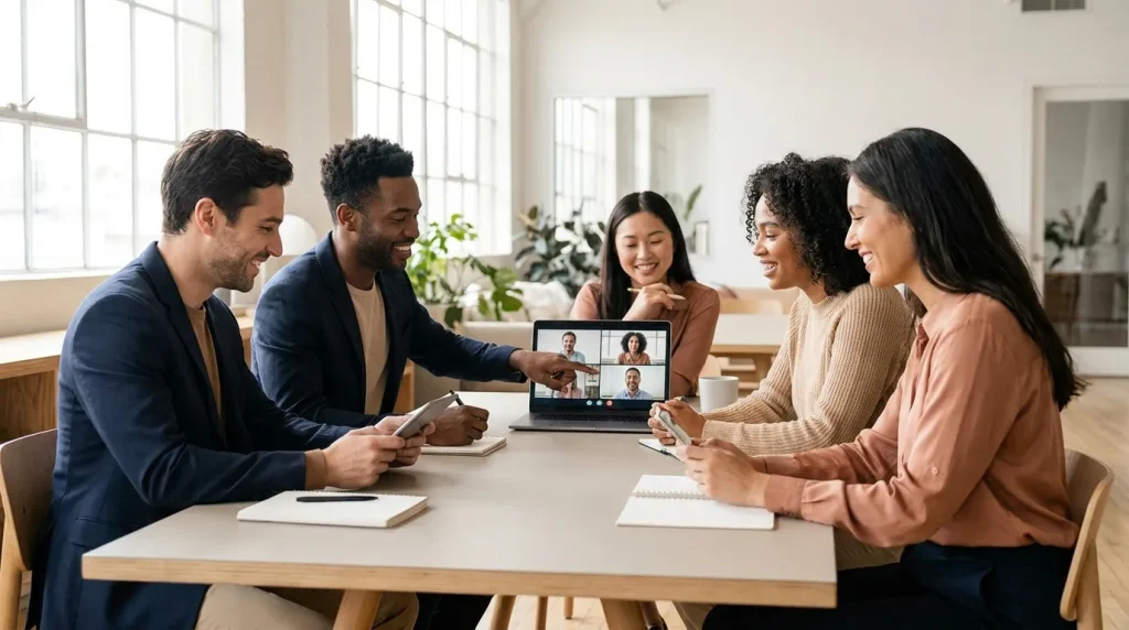 Diverse remote professionals collaborating over a video call, representing a coordinated remote business support team