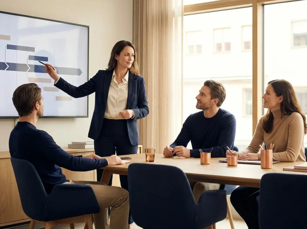 Small team reviewing a project timeline and priorities on a shared screen