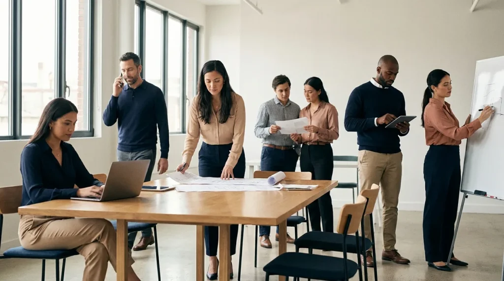 Diverse team each focused on a different business task — laptop, phone call and documents