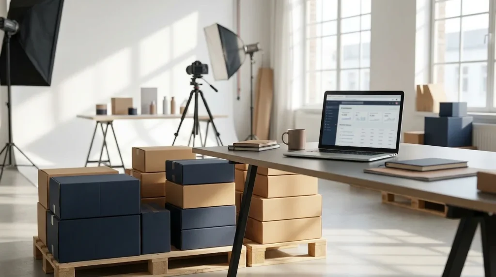 Organized e-commerce fulfillment setup with packed boxes and an open storefront dashboard