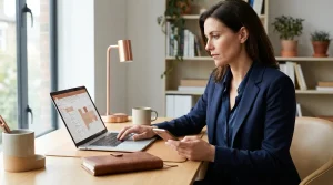 Remote executive assistant managing a calendar and inbox on a laptop and phone