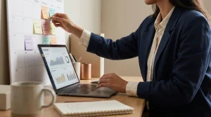 Marketer planning a content calendar with sticky notes and social media analytics on a laptop