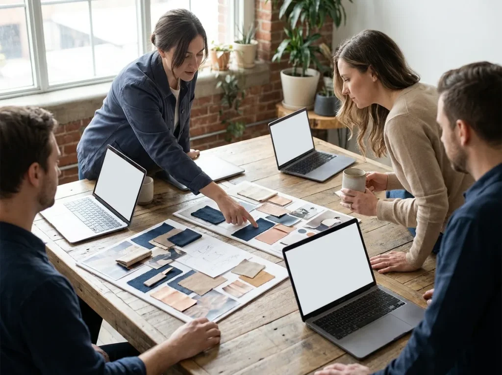 Small creative team brainstorming content ideas around a table with laptops and mood boards