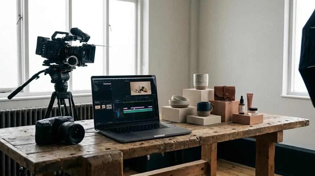 Content production setup with camera and laptop editing software in a styled studio
