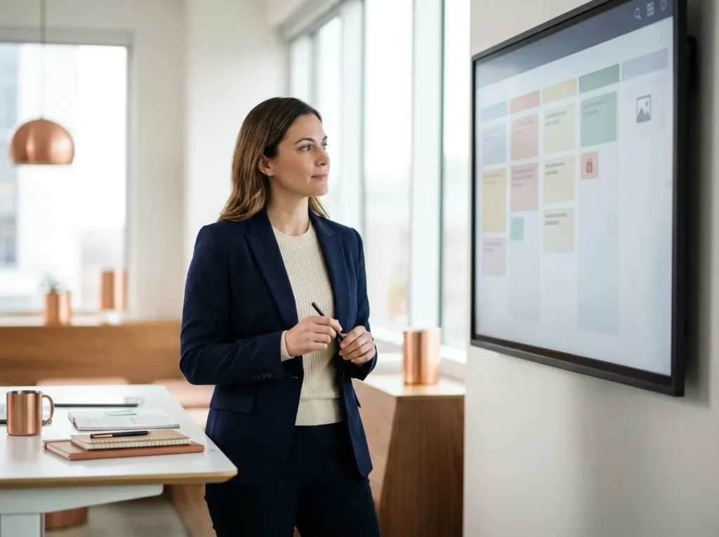 Project coordinator reviewing a Kanban-style workflow board on a large screen