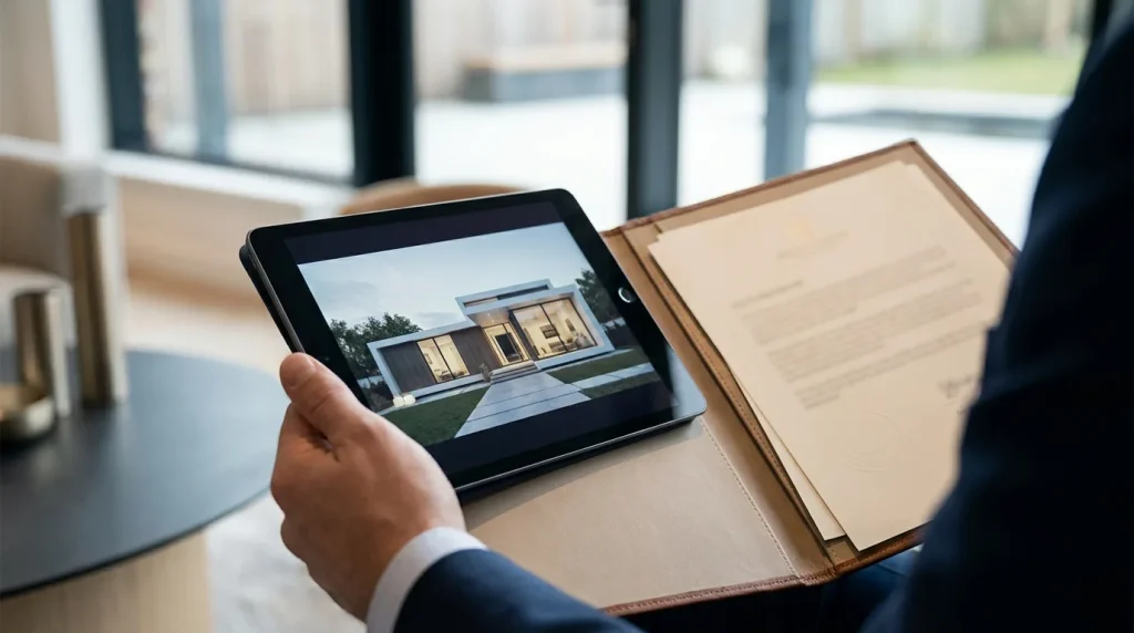 Real estate professional reviewing property details and verification documents on a tablet