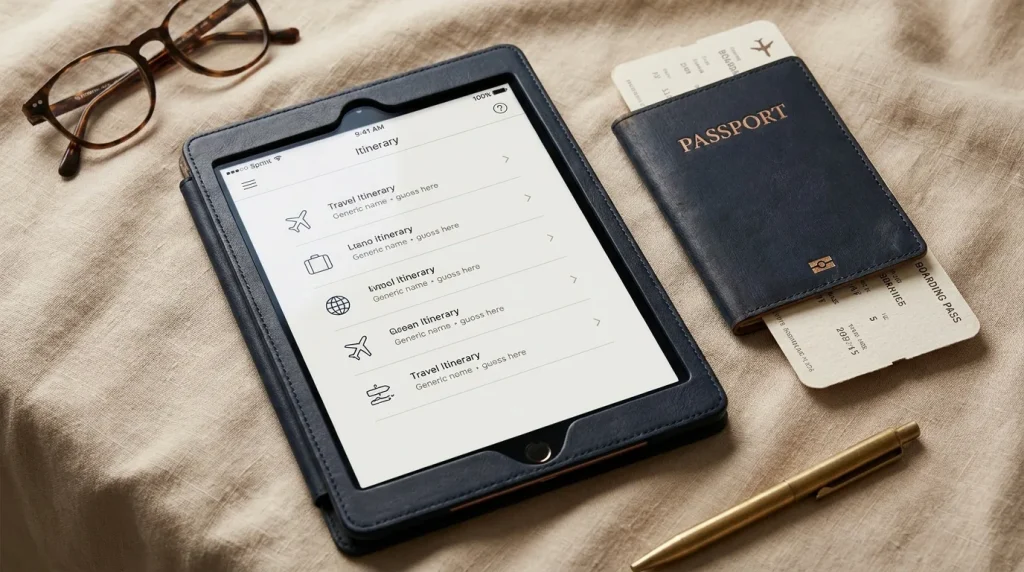 A well-organized travel itinerary on a tablet beside a passport and boarding pass