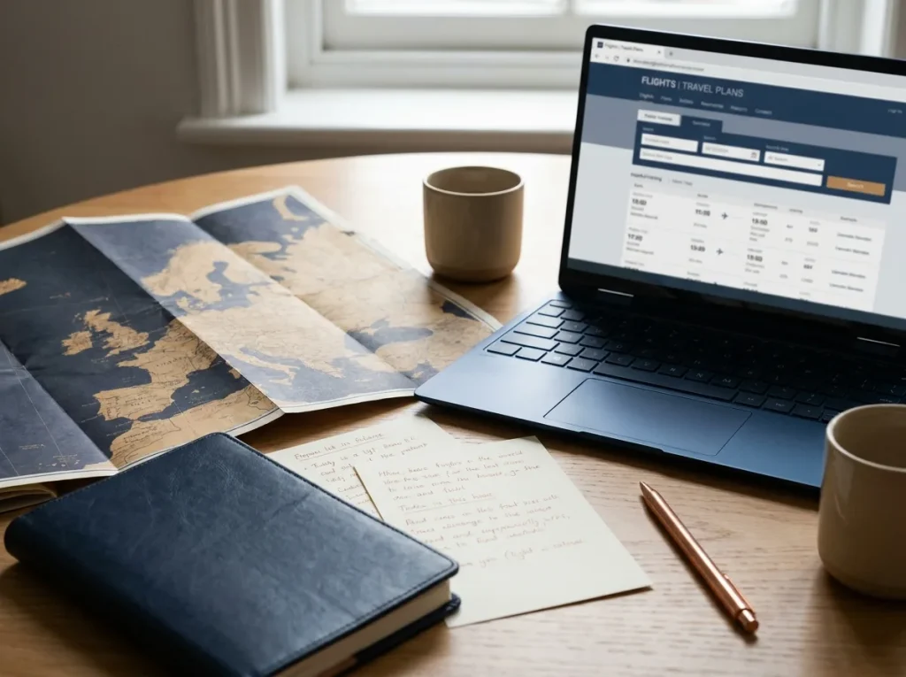 Close-up of travel planning — a map, itinerary notes and flight options on a laptop